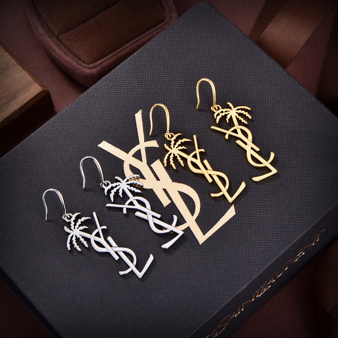 18K YSL Monogram Palmier Statement Earrings